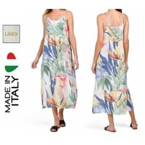 Elena Baldi Italy women Linen Maxi Dress Hawaiian Print Sleeveless S